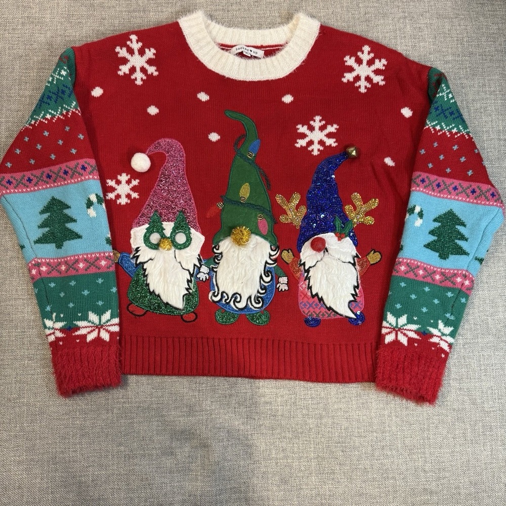 Ugly Christmas Gnome Sweater Women M Red 3D Beard Sequin Holiday Hooked Up